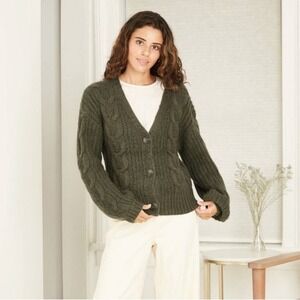 A New Day Cable Knit Button Front Cardigan Olive Green Women's Size M